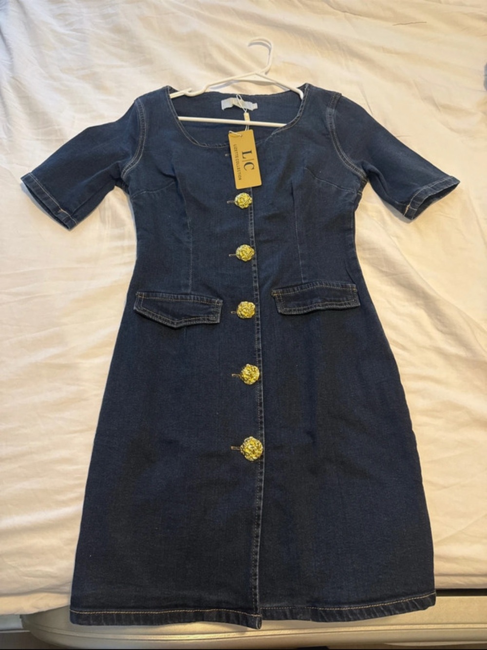 LC Lauren Conrad Navy Denim Midi Dress with Gold Buttons